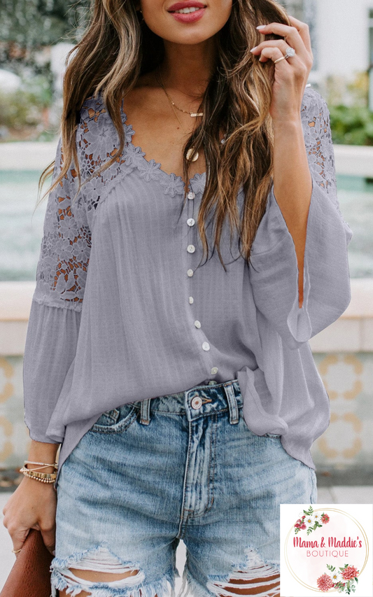 Gray Crochet Lace Top