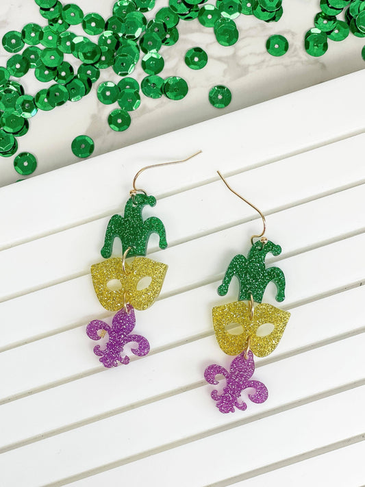 Mardi Gras Mask Glitter Trio Dangle Earrings